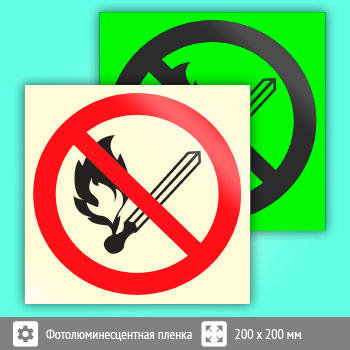 Знак P02 «Запрещается пользоваться открытым огнем и курить» (фотолюминесцентная пленка, 200х200 мм)